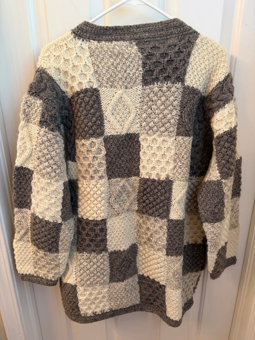 Irish Knit Chunky Patchwork Cardigan Coat - Gray & Cream - Picture 6 of 7